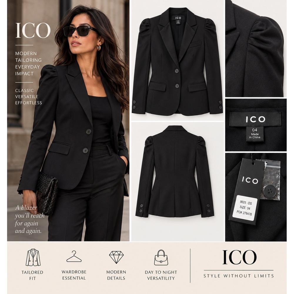 ICO Blazer Womens 4 Black NWT Tailored Ruched Shoulder 2 Button Jacket 9025-DS